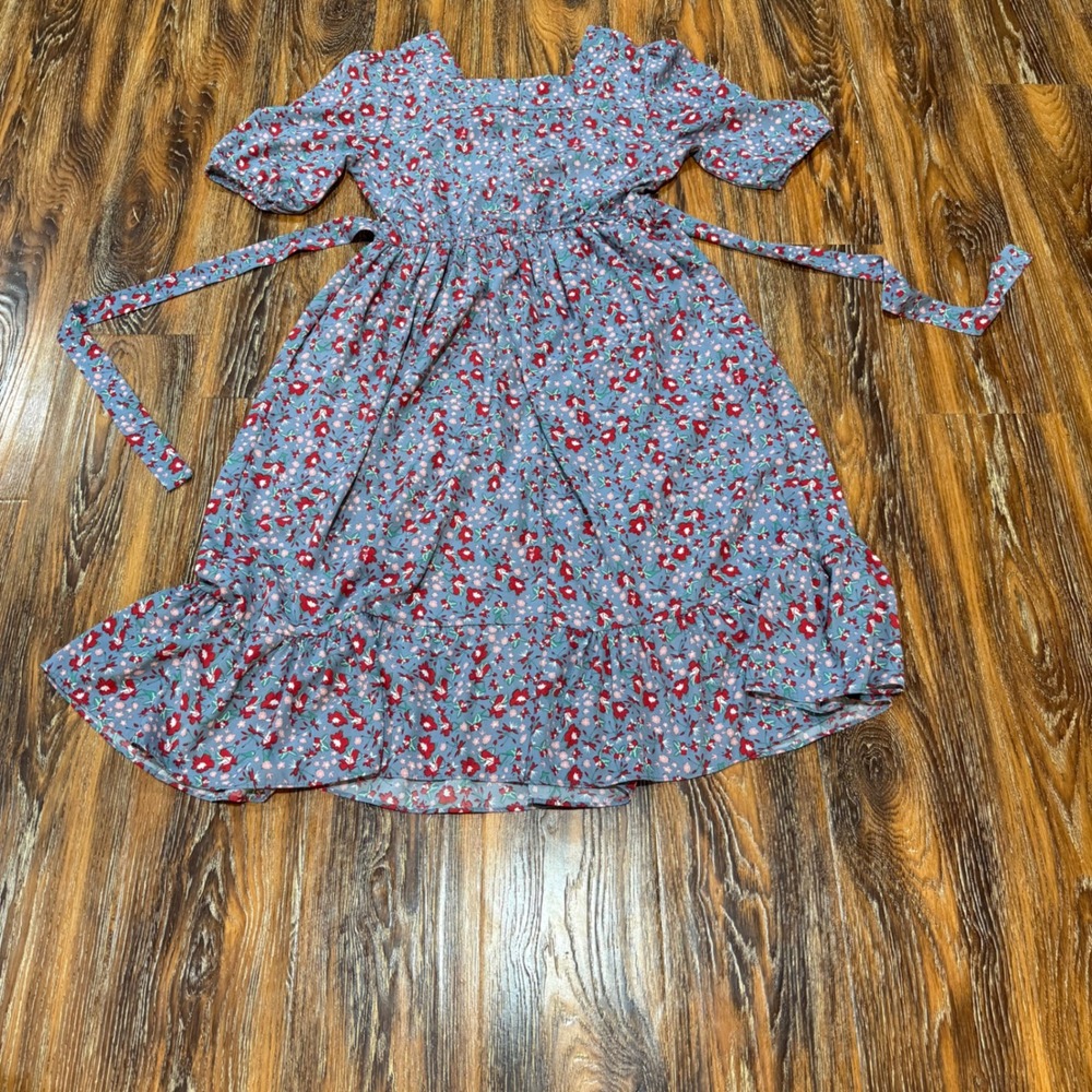 Orange Creek M Womens Floral Midi Dress Womens Blue Ruffle Puff Sleeve